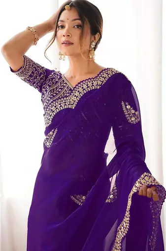 Purple tissue silk sequin embroideried scalloped border blouse piece & sarees