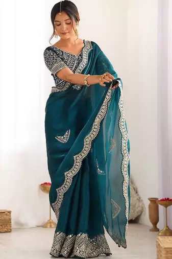 Green tissue silk sequin embroideried scollped border festive blouse piece & sarees