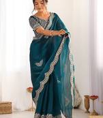 Green tissue silk sequin embroideried scollped border festive blouse piece & sarees