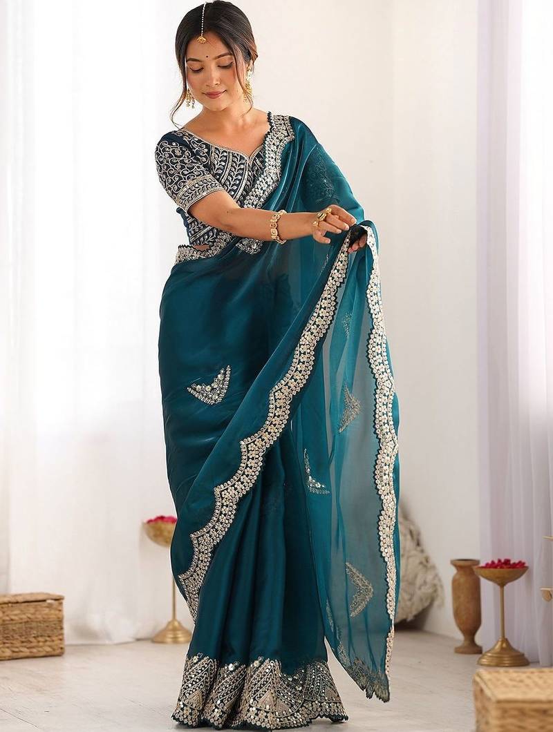 Green tissue silk sequin embroideried scollped border festive blouse piece & sarees