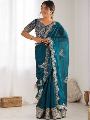 Green tissue silk sequin embroideried scollped border festive blouse piece & sarees 2