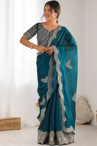 Green tissue silk sequin embroideried scollped border festive blouse piece & sarees