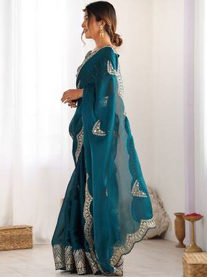 Green tissue silk sequin embroideried scollped border festive blouse piece & sarees 3