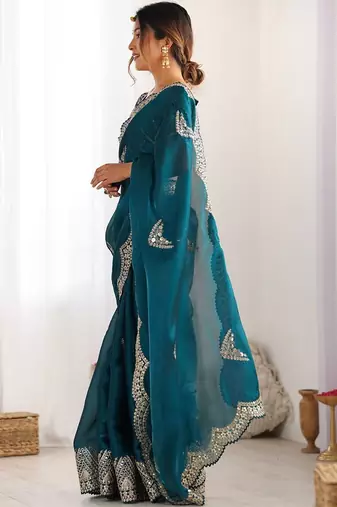 Green tissue silk sequin embroideried scollped border festive blouse piece & sarees