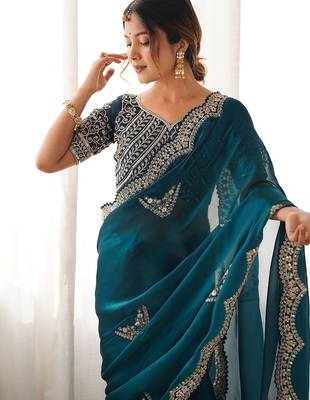 Green tissue silk sequin embroideried scollped border festive blouse piece & sarees 4