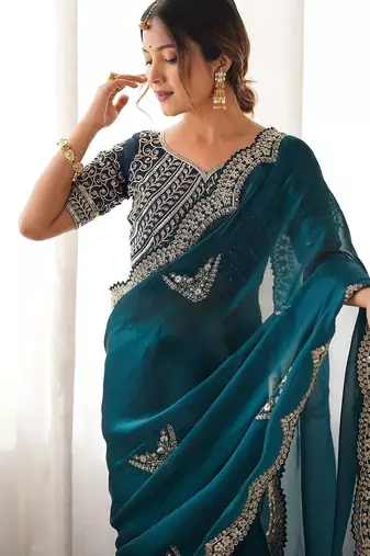 Green tissue silk sequin embroideried scollped border festive blouse piece & sarees