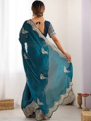 Green tissue silk sequin embroideried scollped border festive blouse piece & sarees 5