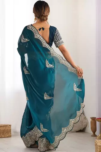 Green tissue silk sequin embroideried scollped border festive blouse piece & sarees