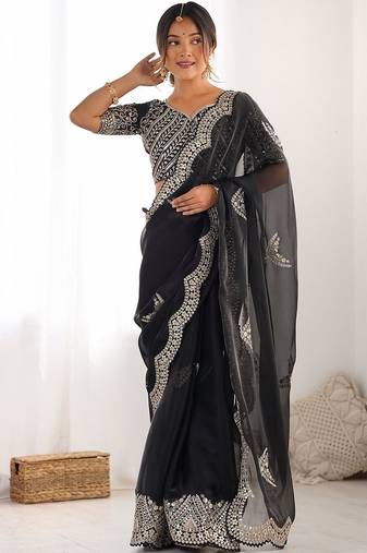 Black tissue silk sequin embroideried scollped border festive blouse piece & sarees