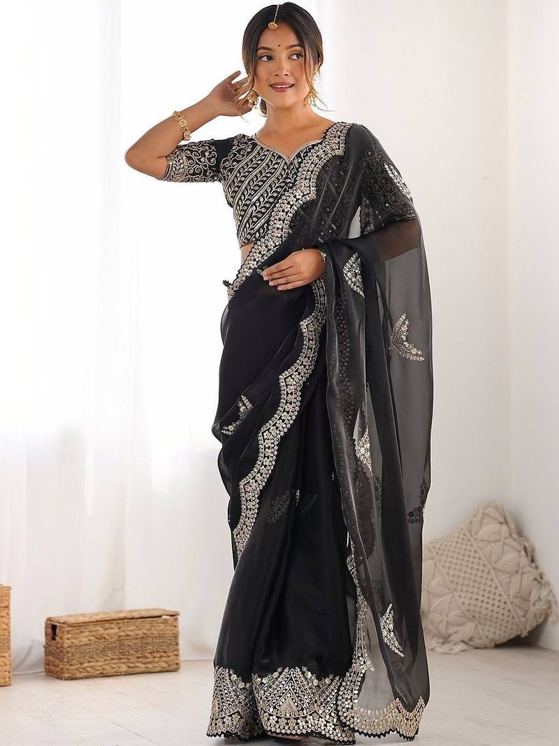 Black tissue silk sequin embroideried scollped border festive blouse piece & sarees