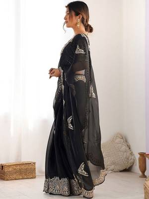 Black tissue silk sequin embroideried scollped border festive blouse piece & sarees 3