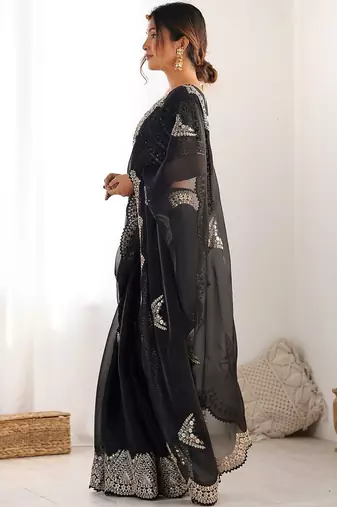Black tissue silk sequin embroideried scollped border festive blouse piece & sarees