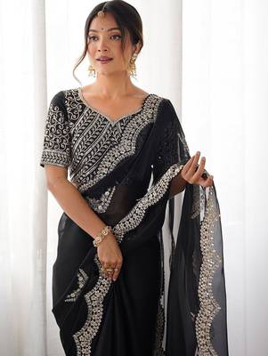 Black tissue silk sequin embroideried scollped border festive blouse piece & sarees 4