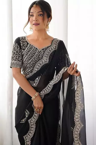 Black tissue silk sequin embroideried scollped border festive blouse piece & sarees