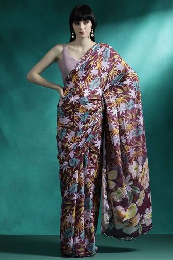 Maroon printed & embroidered saree with blouse