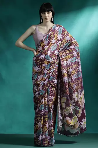 Maroon printed & embroidered saree with blouse