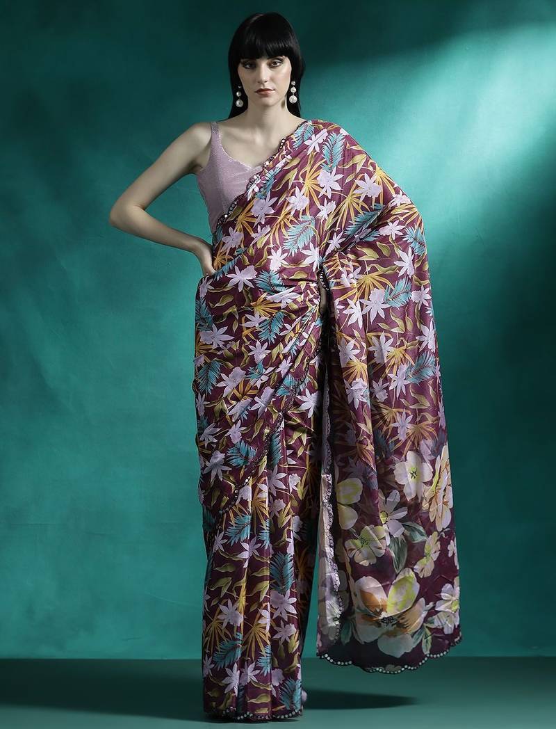Maroon printed & embroidered saree with blouse