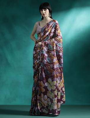 Maroon printed & embroidered saree with blouse 2