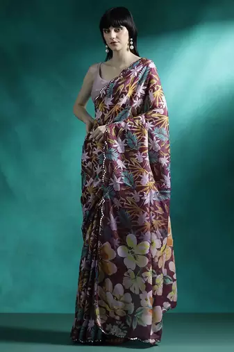 Maroon printed & embroidered saree with blouse