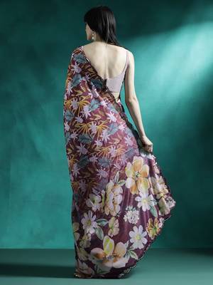 Maroon printed & embroidered saree with blouse 3