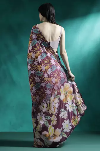 Maroon printed & embroidered saree with blouse