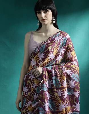 Maroon printed & embroidered saree with blouse 4