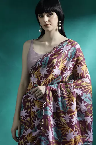 Maroon printed & embroidered saree with blouse