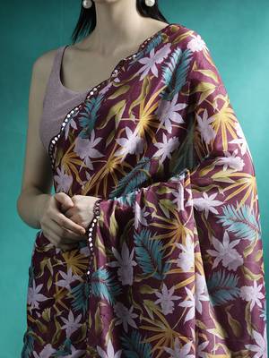 Maroon printed & embroidered saree with blouse 5
