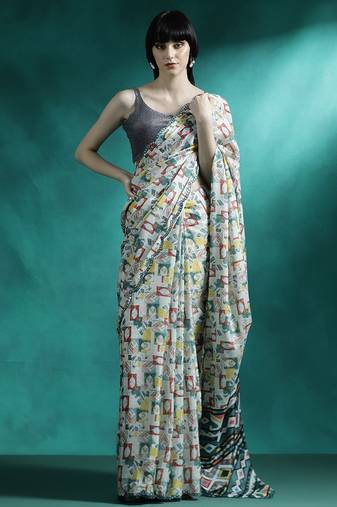 Blue geometric printed mirror work saree