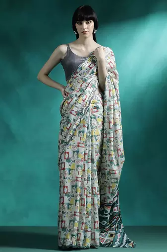 Blue geometric printed mirror work saree