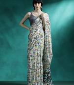 Blue geometric printed mirror work saree