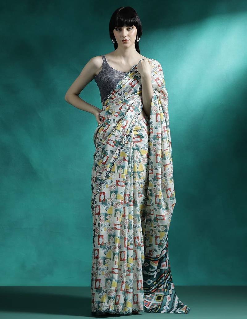 Blue geometric printed mirror work saree