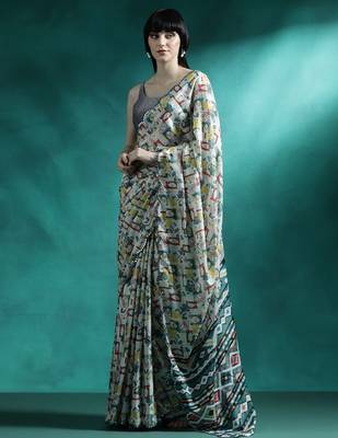 Blue geometric printed mirror work saree 2