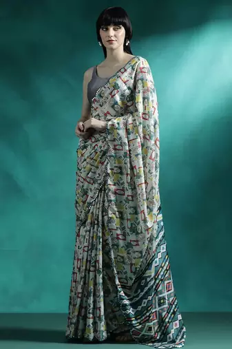 Blue geometric printed mirror work saree