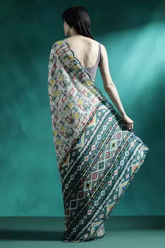 Blue geometric printed mirror work saree