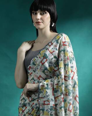 Blue geometric printed mirror work saree 4
