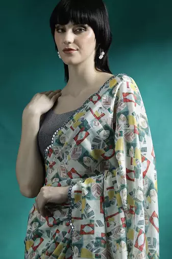 Blue geometric printed mirror work saree