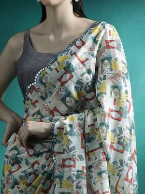 Blue geometric printed mirror work saree 5