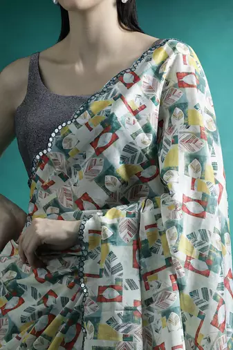 Blue geometric printed mirror work saree