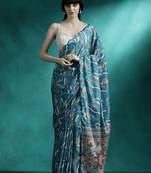 Teal geometric printed & embroidered saree with blouse