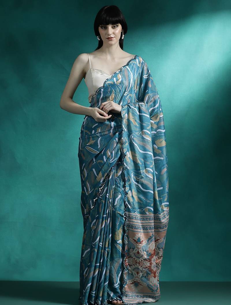 Teal geometric printed & embroidered saree with blouse
