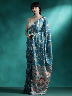 Teal geometric printed & embroidered saree with blouse 2