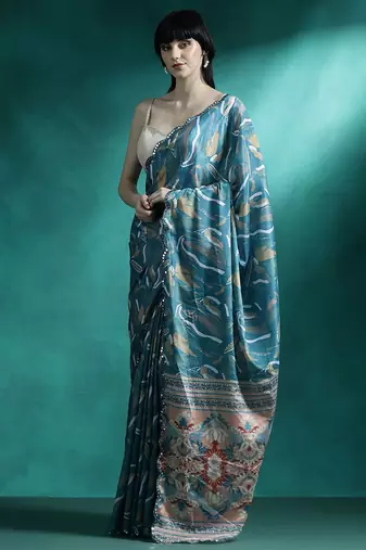 Teal geometric printed & embroidered saree with blouse