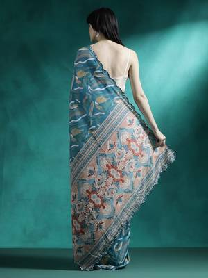 Teal geometric printed & embroidered saree with blouse 3
