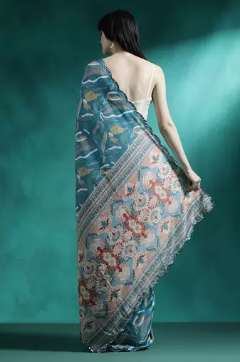Teal geometric printed & embroidered saree with blouse