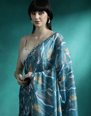 Teal geometric printed & embroidered saree with blouse 4