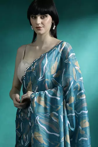 Teal geometric printed & embroidered saree with blouse