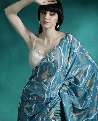 Teal geometric printed & embroidered saree with blouse 5