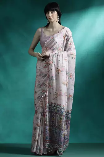 Off white floral printed gotta patti saree