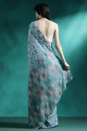 Turquoise geometric printed saree with blouse piece